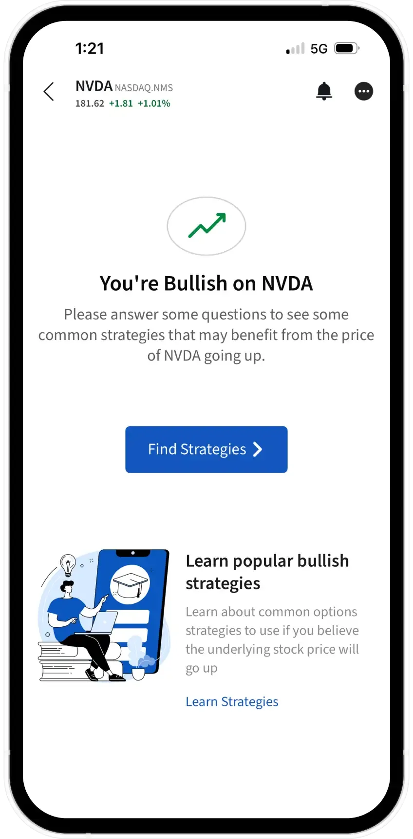 Option Wizard interface on a smartphone showing bullish on NVDA